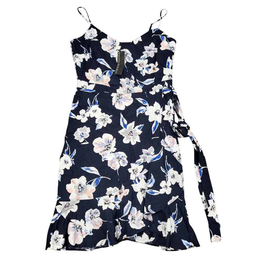 Banana Republic Wrap Dress Womens 6 Navy Blue New Linen Blend Floral Ruffle Hem